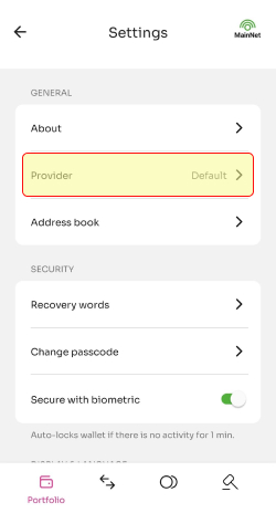 Provider entry in the settings menu of the Lightwallet