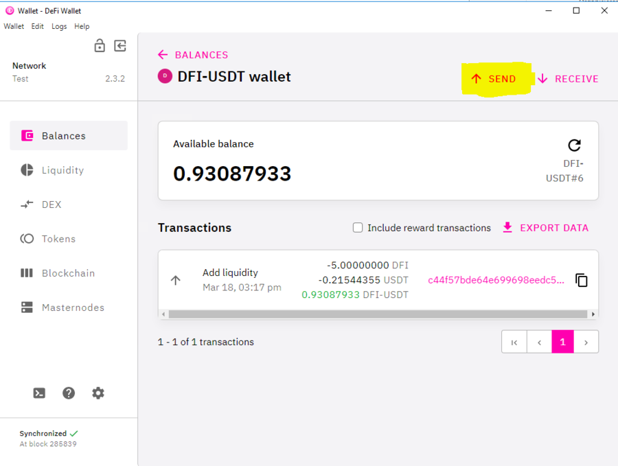 Click on the DeFi Wallet and then click on Send